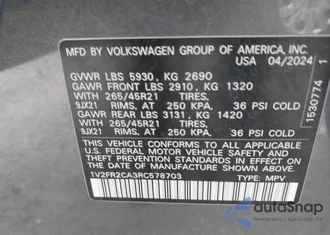 2024 Volkswagen Atlas 2.0T Sel Premium R-Line из США, поврежденный, VIN 1V2FR2CA3RC578703